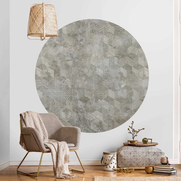 Self-adhesive round wallpaper - Geometrical Vintage Pattern with Ornaments Beige