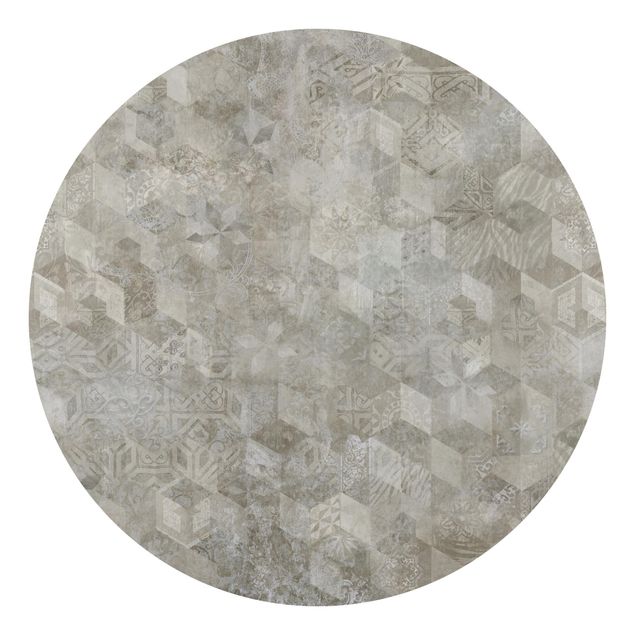 Self-adhesive round wallpaper - Geometrical Vintage Pattern with Ornaments Beige