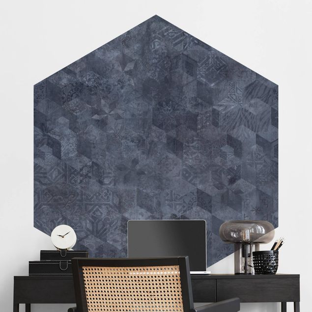 Hexagonal wallpapers Geometrical Vintage Pattern with Ornaments Blue