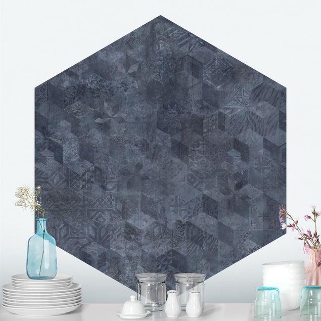 Self-adhesive hexagonal wallpaper - Geometrical Vintage Pattern with Ornaments Blue