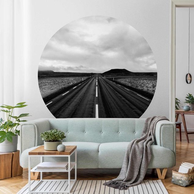 Self-adhesive round wallpaper - Straight Road In Iceland