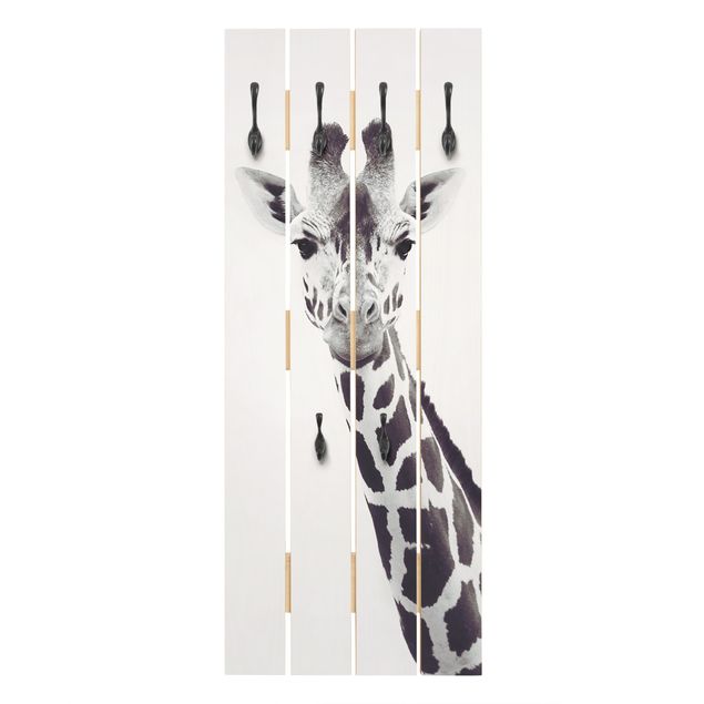 Wooden coat rack - Giraffe Portrait In Black And White