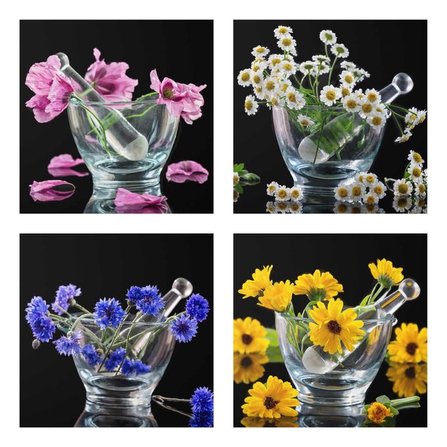 Glass print 4 parts - Flowers in a mortar
