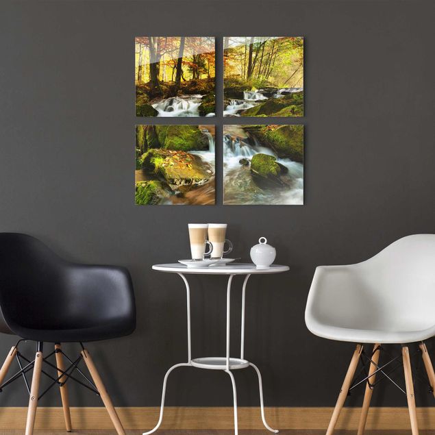 Glass print 4 parts - Waterfall Autumnal Forest