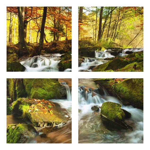 Glass print 4 parts - Waterfall Autumnal Forest
