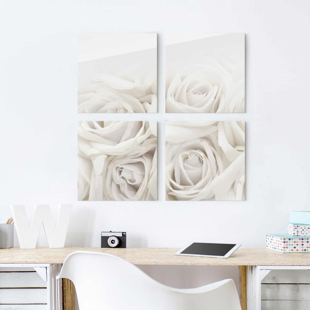 Glass print 4 parts - White Roses