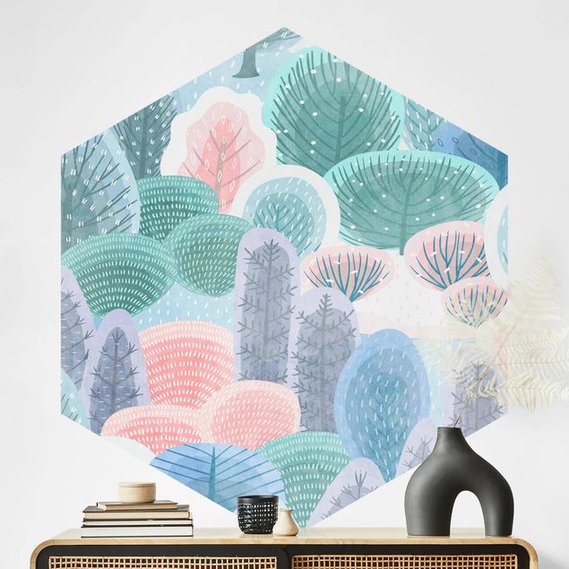 Self-adhesive hexagonal wall mural Happy Forest In Pastel