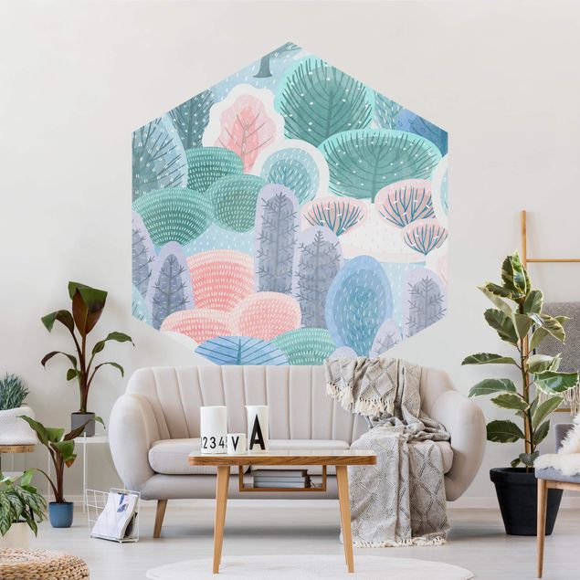 Self-adhesive hexagonal pattern wallpaper - Happy Forest In Pastel