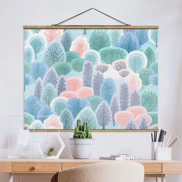 Fabric print with poster hangers - Happy Forest In Pastel - Landscape format 4:3