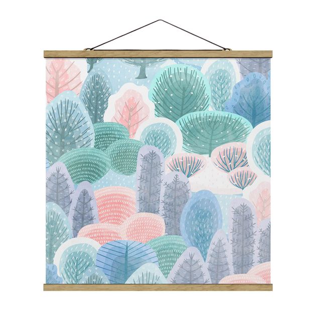 Fabric print with poster hangers - Happy Forest In Pastel - Square 1:1