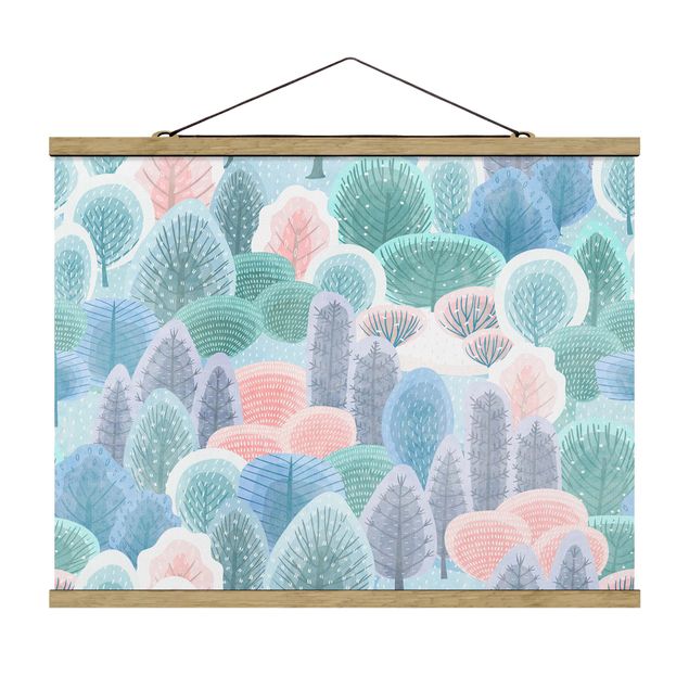 Fabric print with poster hangers - Happy Forest In Pastel - Landscape format 4:3