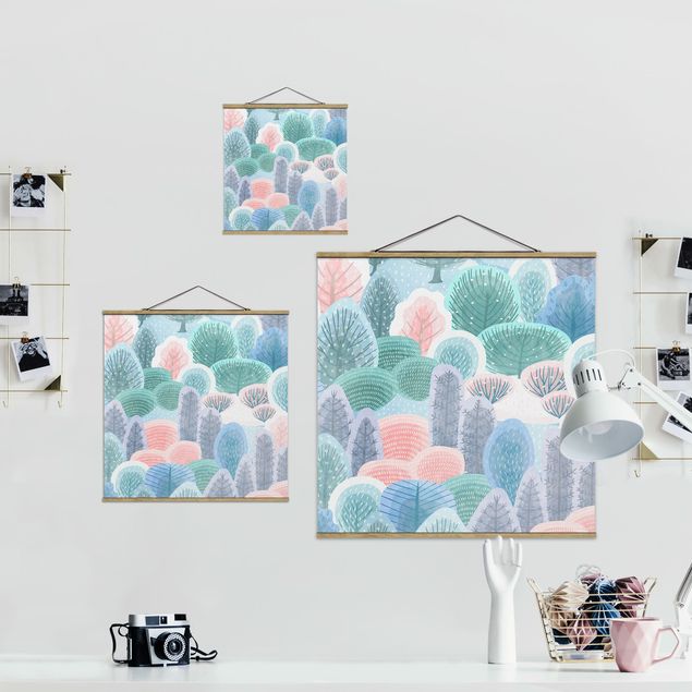 Fabric print with poster hangers - Happy Forest In Pastel - Square 1:1