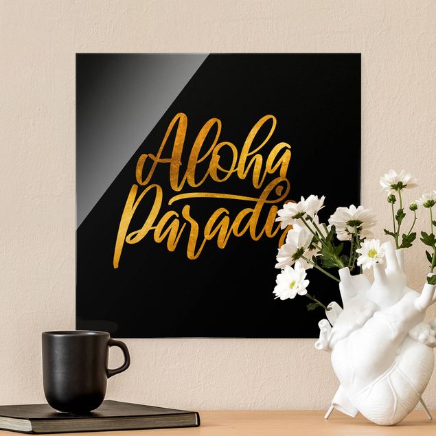 Glass print - Gold - Aloha Paradise On Black - Square
