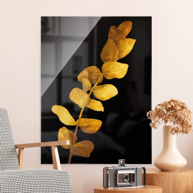 Glass print - Gold - Eucalyptus On Black
