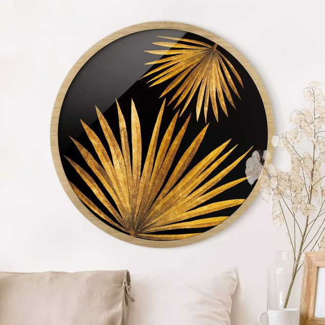 Framed prints round Gold - Palm Leaf On Black