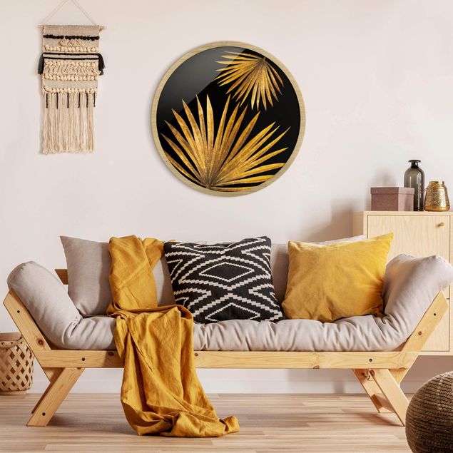 Circular framed print - Gold - Palm Leaf On Black