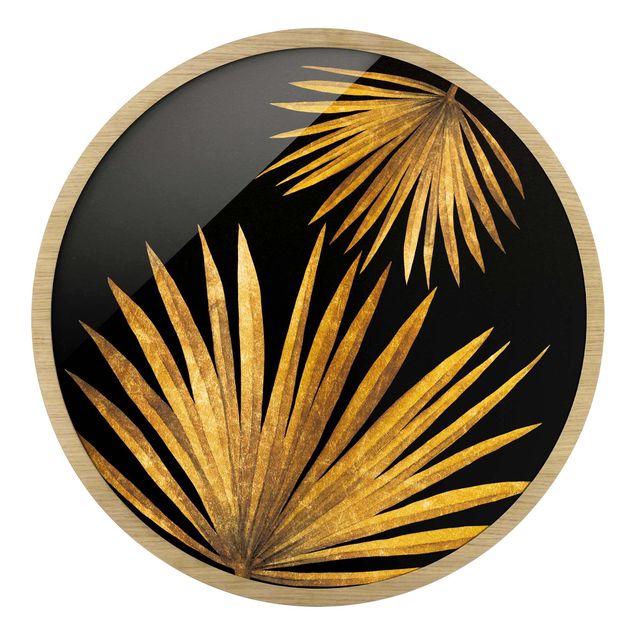 Circular framed print - Gold - Palm Leaf On Black