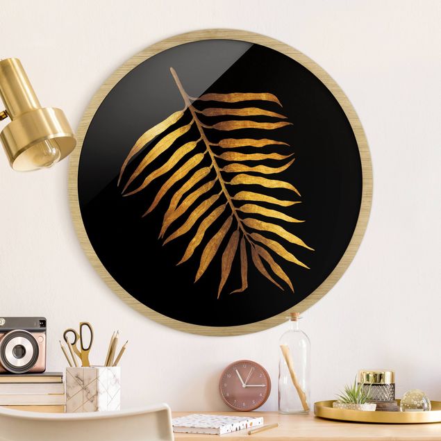Framed prints round Gold - Palm Leaf II On Black