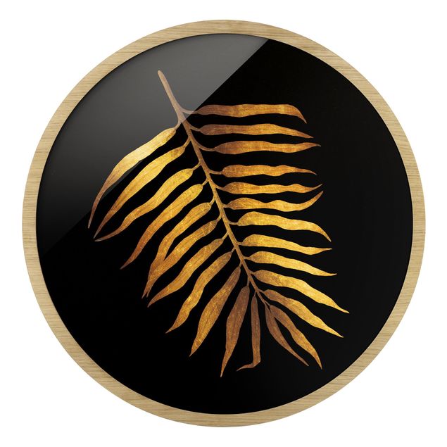 Circular framed print - Gold - Palm Leaf II On Black