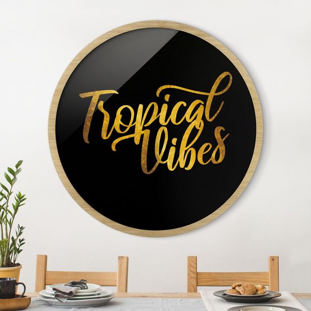 Framed prints round Gold - Tropical Vibes On Black