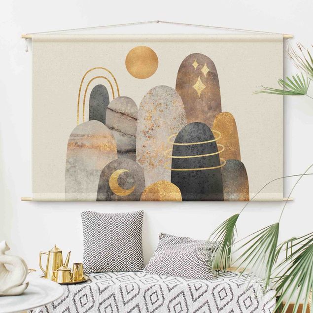modern wall tapestry Golden Mountain With Moon