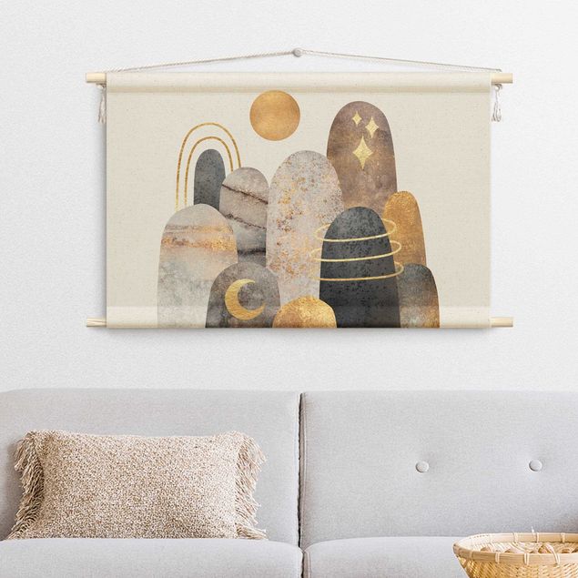 wall tapestry art Golden Mountain With Moon