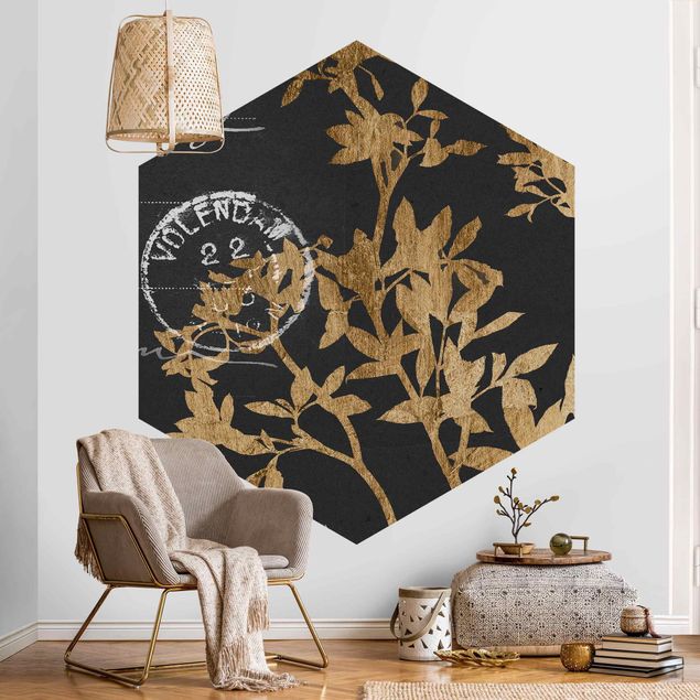 Self-adhesive hexagonal pattern wallpaper - Golden Leaves On Mocha II