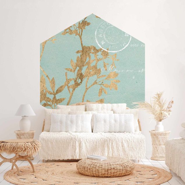 Self-adhesive hexagonal pattern wallpaper - Golden Leaves On Turquoise I