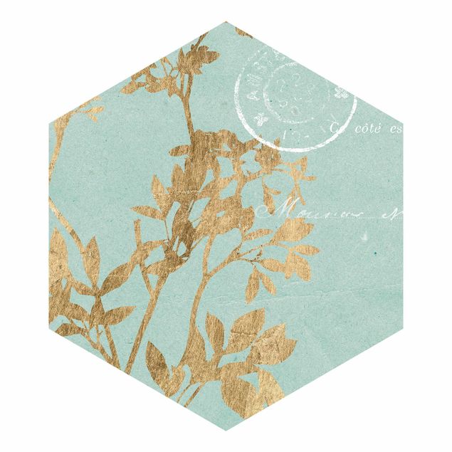 Self-adhesive hexagonal pattern wallpaper - Golden Leaves On Turquoise I