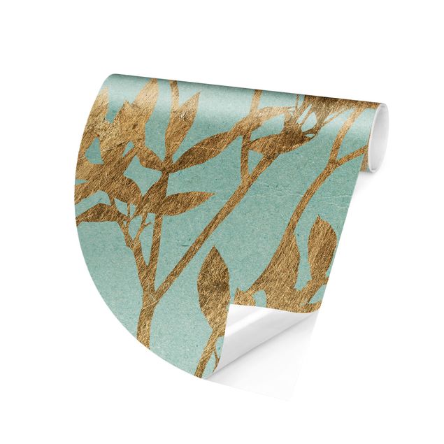 Self-adhesive round wallpaper - Golden Leaves On Turquoise I