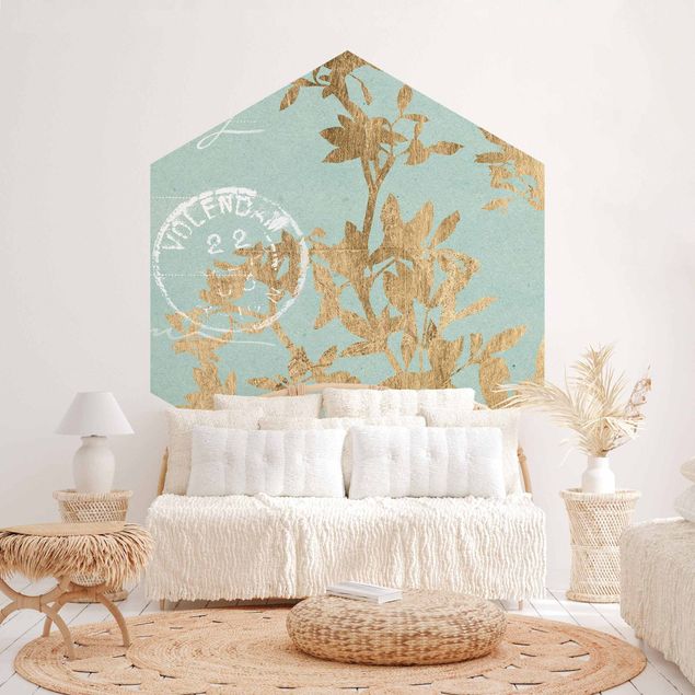 Self-adhesive hexagonal pattern wallpaper - Golden Leaves On Turquoise II