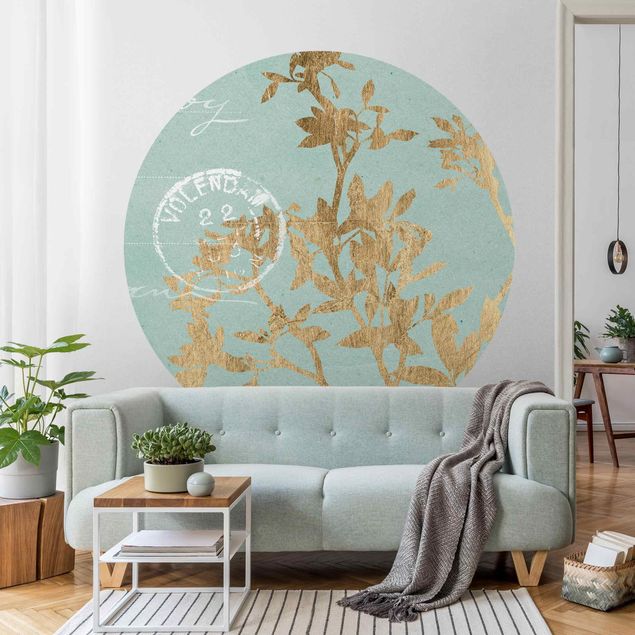 Self-adhesive round wallpaper - Golden Leaves On Turquoise II