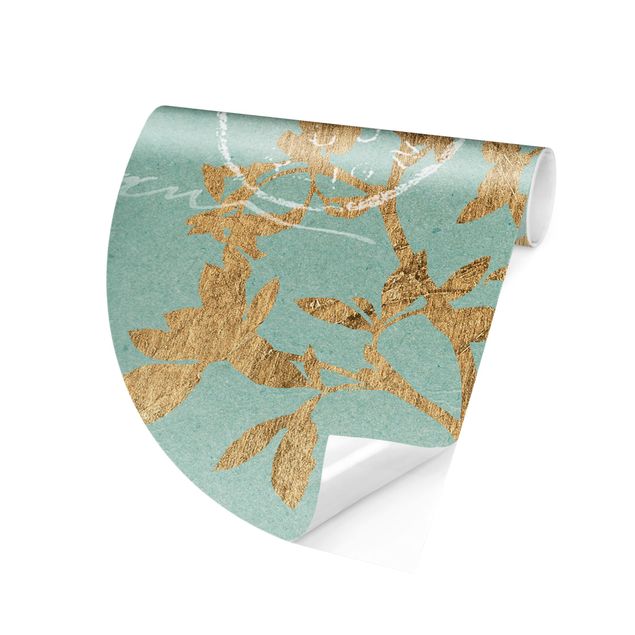 Self-adhesive round wallpaper - Golden Leaves On Turquoise II