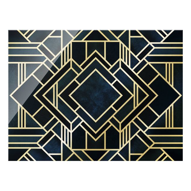 Glass print - Golden Geometry - Art Deco Blue - Landscape format