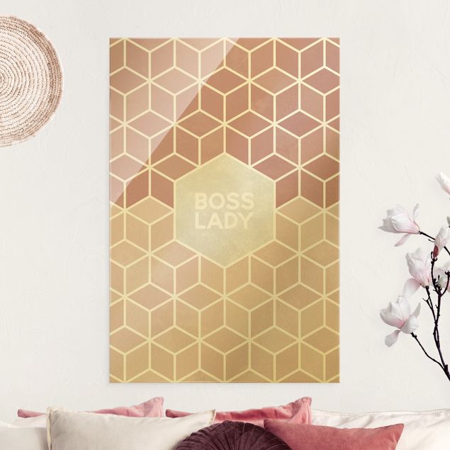 Glass print - Golden Geometry - Boss Lady Hexagon Pink - Portrait format