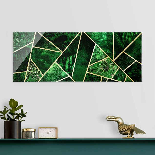 Glass print - Golden Geometry - Dark Emerald - Panorama