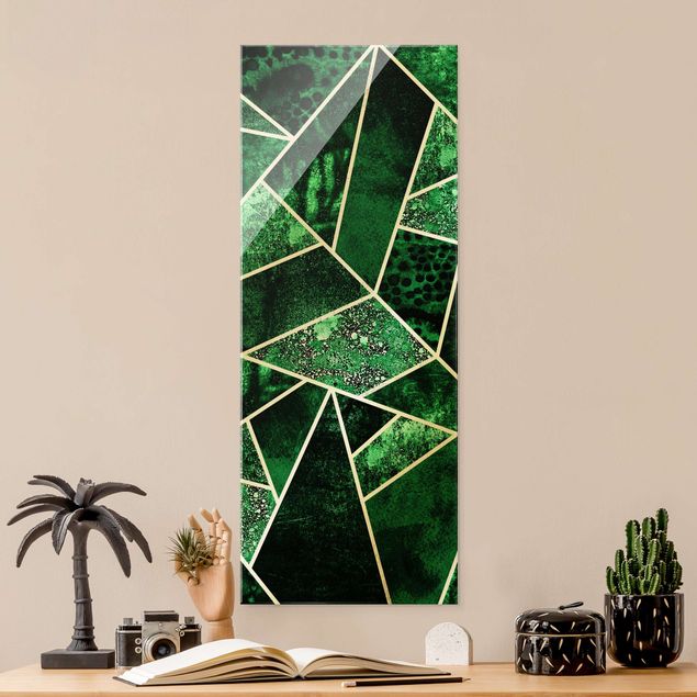 Glass print - Golden Geometry - Dark Emerald - Portrait format