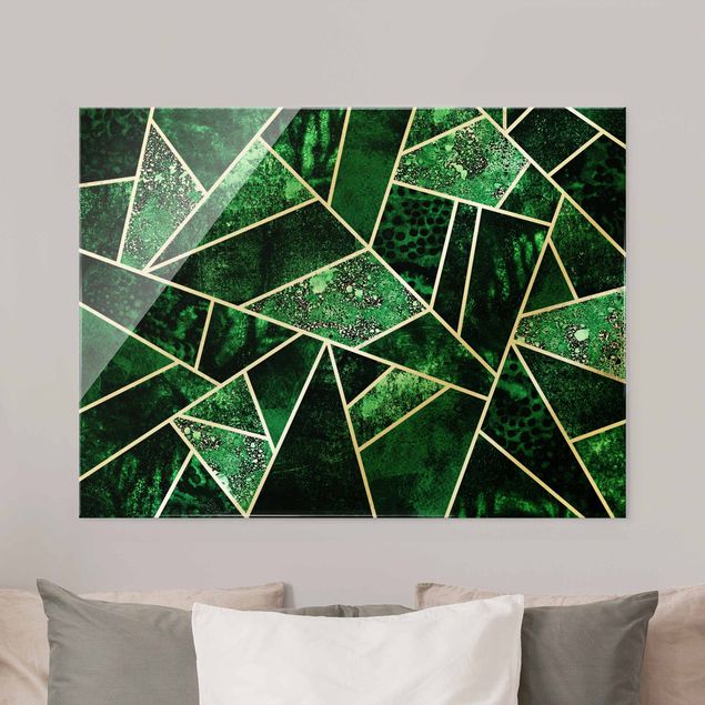 Glass print - Golden Geometry - Dark Emerald - Landscape format