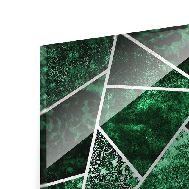 Glass print - Golden Geometry - Dark Emerald - Panorama