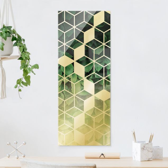 Glass print - Golden Geometry - Green Leaves - Portrait format