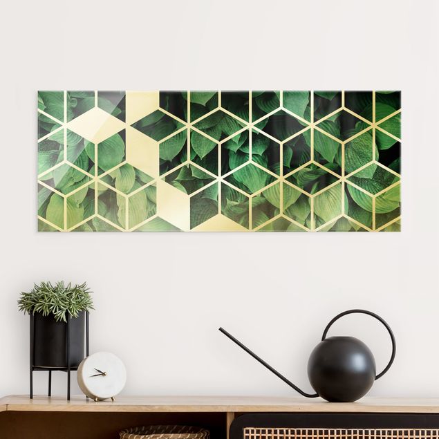 Glass print - Golden Geometry - Green Leaves - Panorama