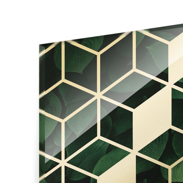 Glass print - Golden Geometry - Green Leaves - Portrait format