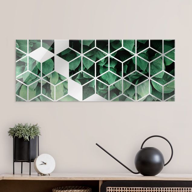 Glass print - Golden Geometry - Green Leaves - Panorama