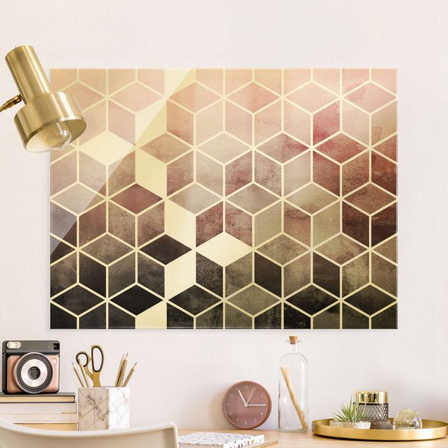 Glass print - Golden Geometry - Pink Gray - Landscape format