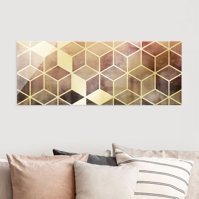 Glass print - Golden Geometry - Pink Gray - Panorama