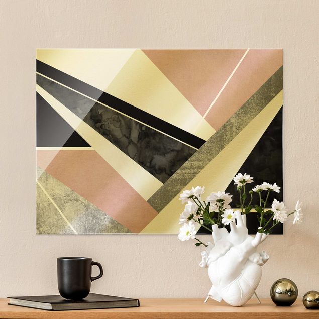 Glass print - Golden Geometry - Pink Black - Landscape format