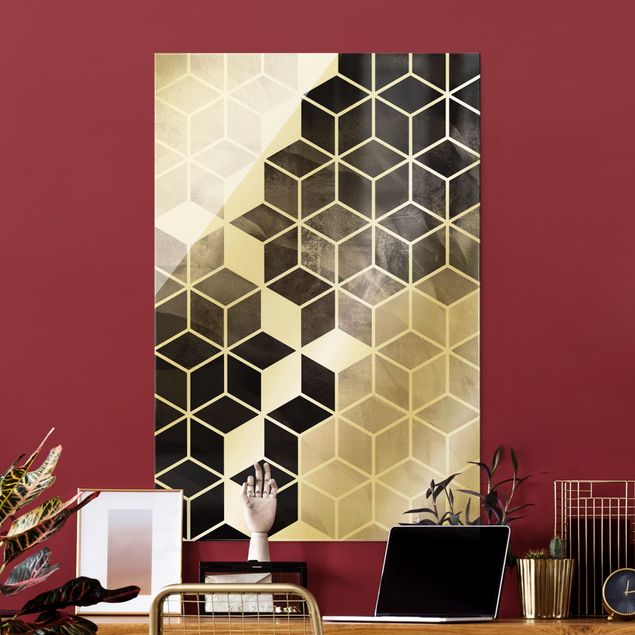 Glass print - Golden Geometry - Black And White - Portrait format