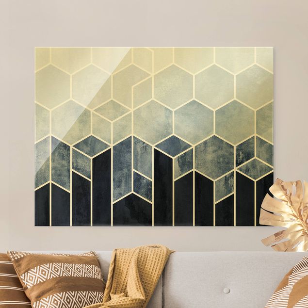 Glass print - Golden Geometry - Hexagons Blue White - Landscape format
