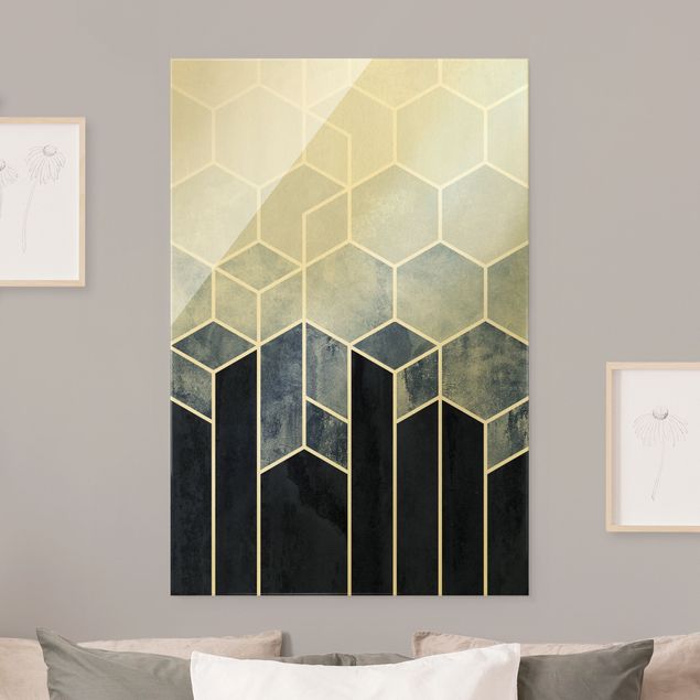 Glass print - Golden Geometry - Hexagons Blue White - Portrait format