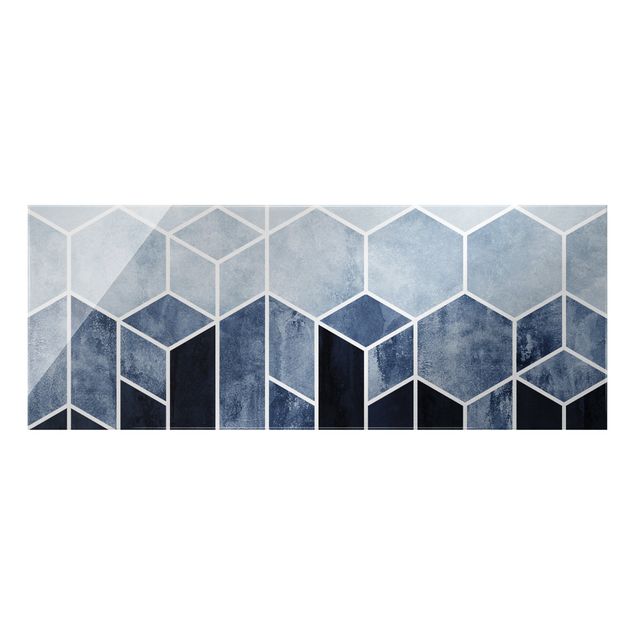Glass print - Golden Geometry - Hexagons Blue White - Panorama